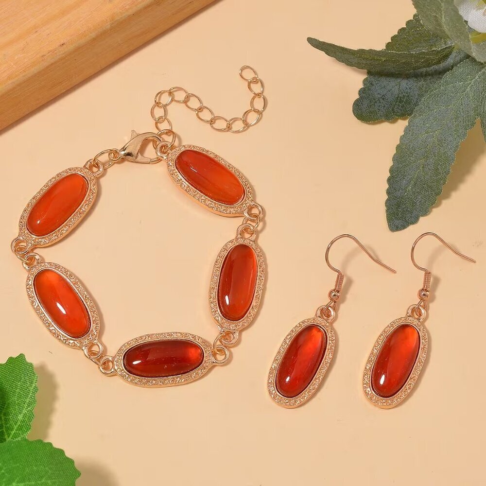 Red Agate  Bracelet (6.5-8 Inches) & Earrings Set in Rosetone